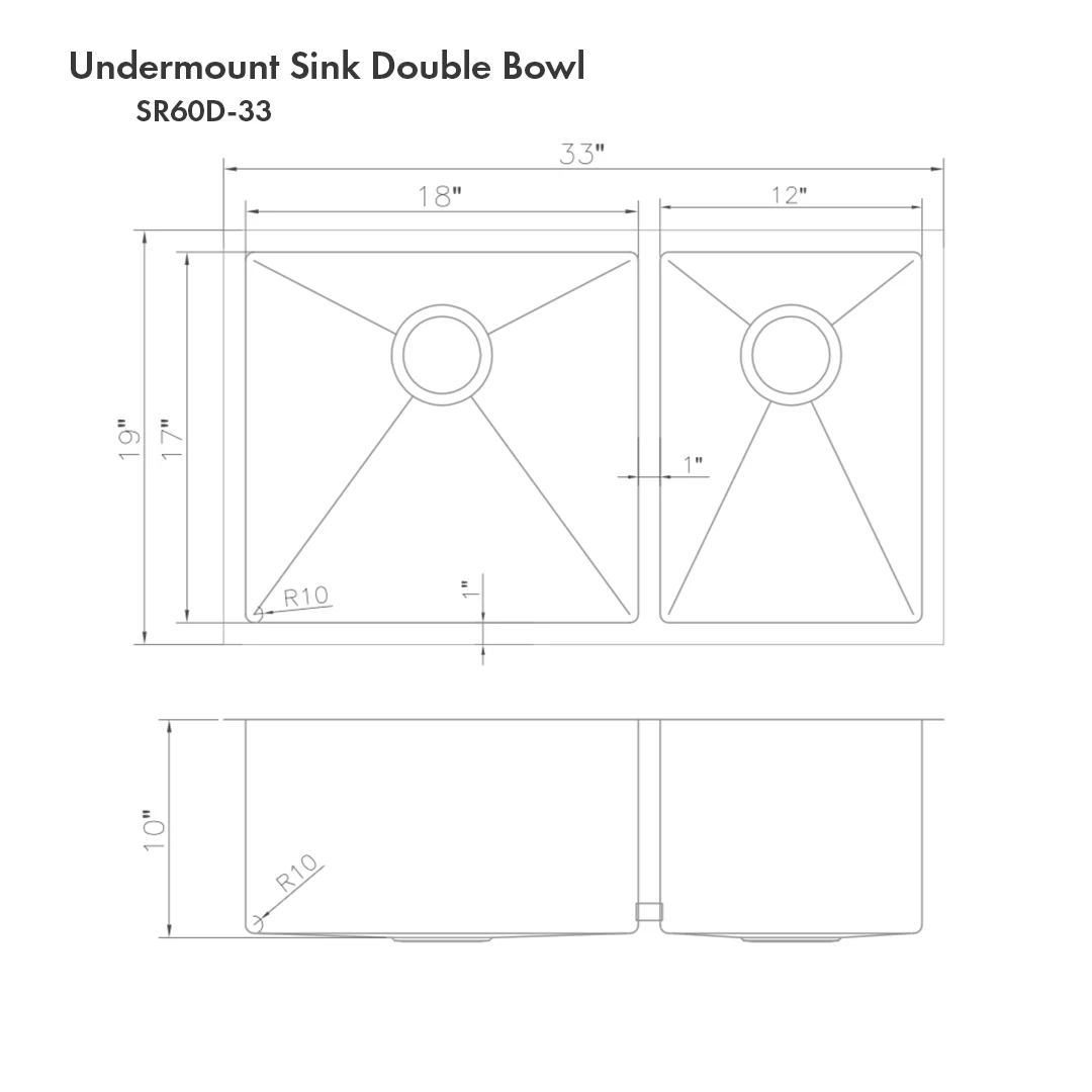 ZLINE 33 in. Chamonix Undermount Double Bowl Stainless Steel Kitchen Sink with Bottom Grid (SR60D-33) - Image 14