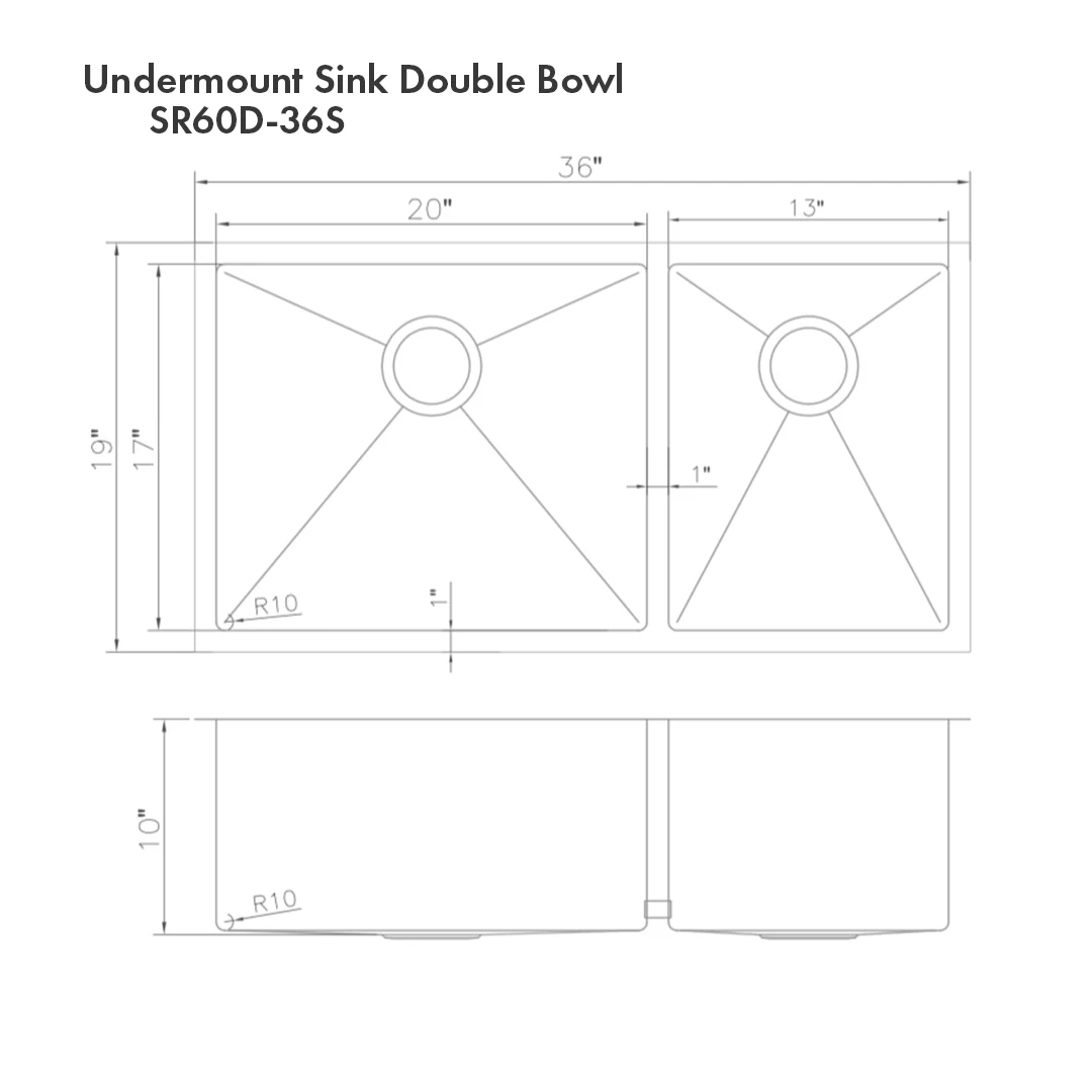 ZLINE 36 in. Chamonix Undermount Double Bowl Satin Stainless Steel Kitchen Sink with Bottom Grid (SR60D-36S) - Image 12