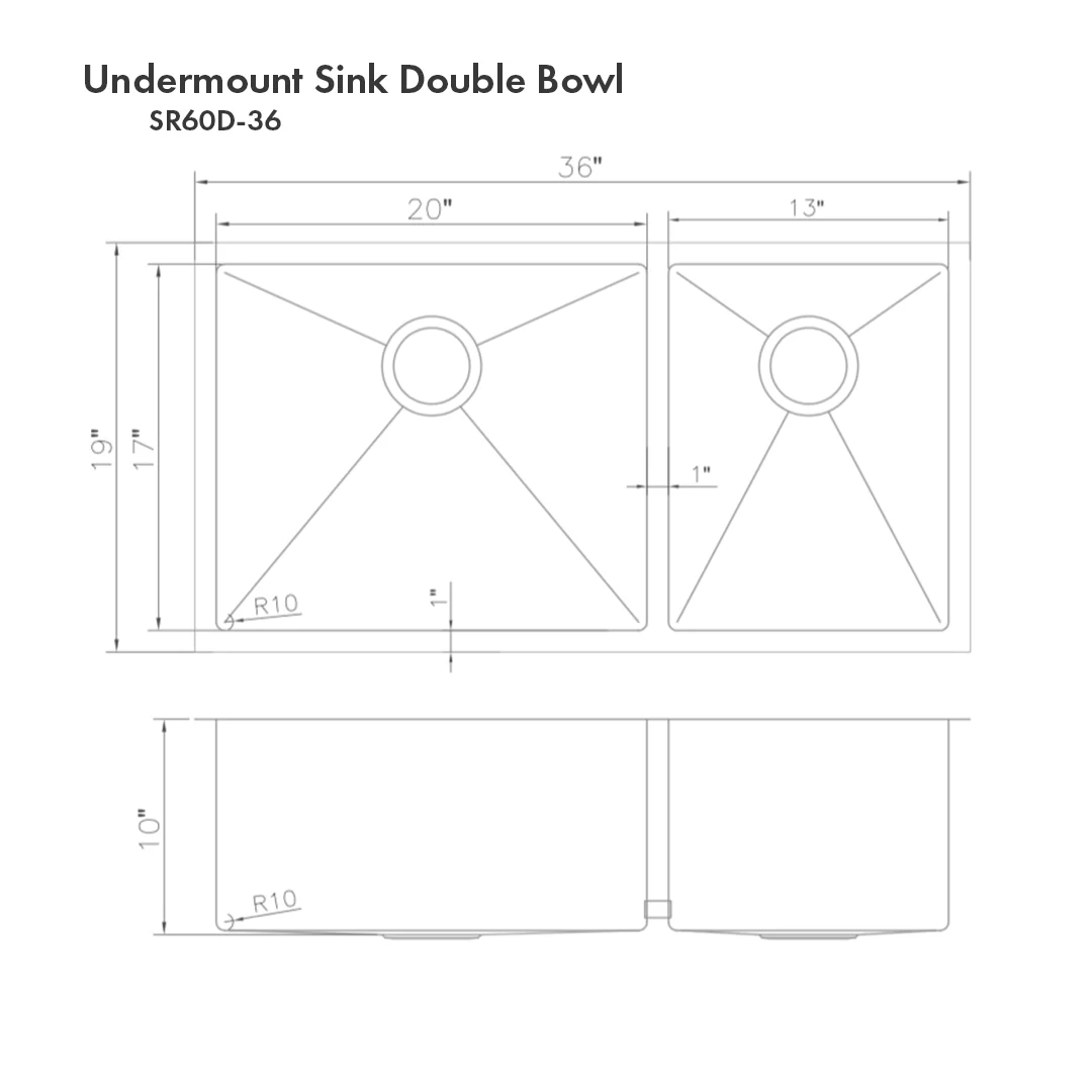ZLINE 36 in. Chamonix Undermount Double Bowl Stainless Steel Kitchen Sink with Bottom Grid (SR60D-36) - Image 11