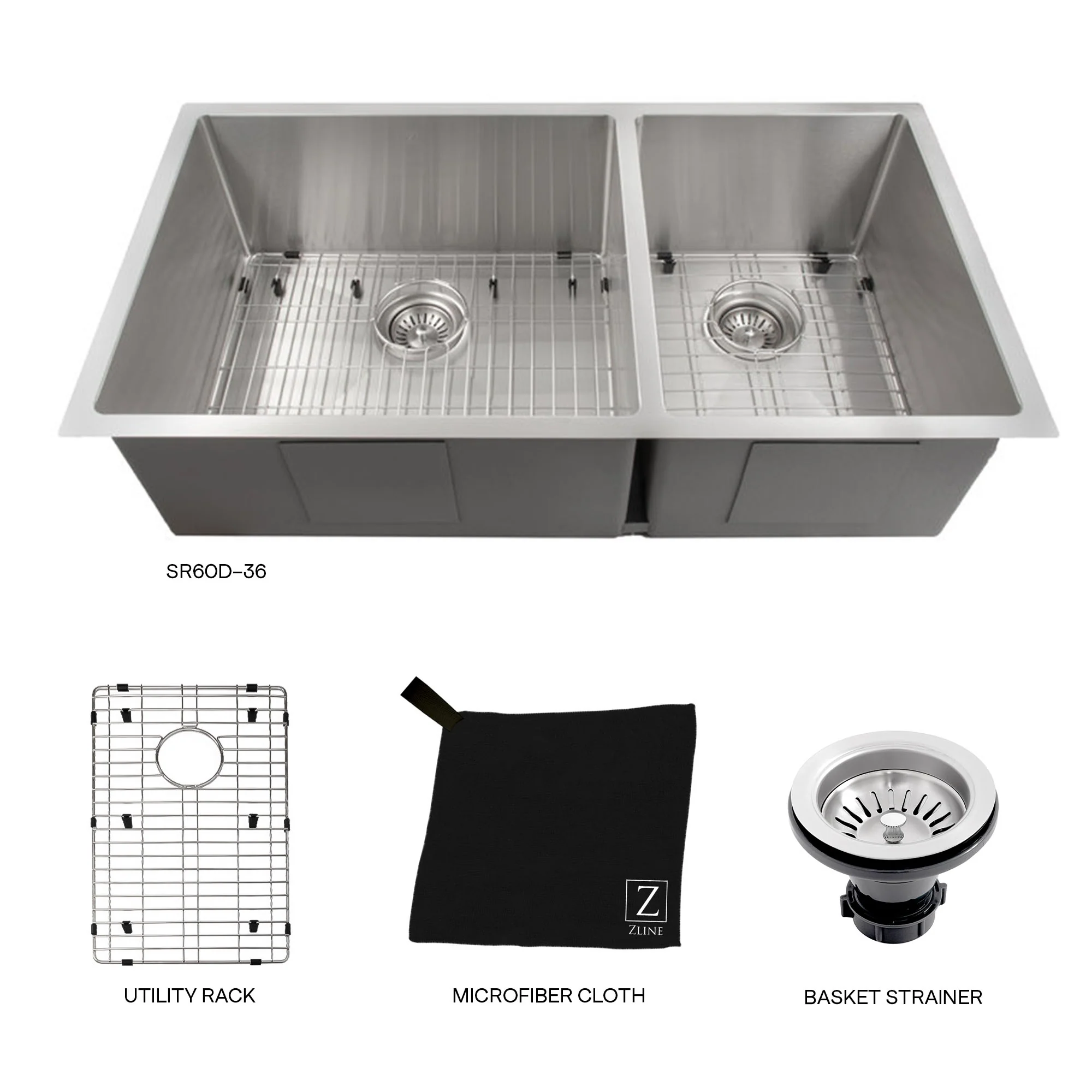 ZLINE 36 in. Chamonix Undermount Double Bowl Stainless Steel Kitchen Sink with Bottom Grid (SR60D-36) - Image 8