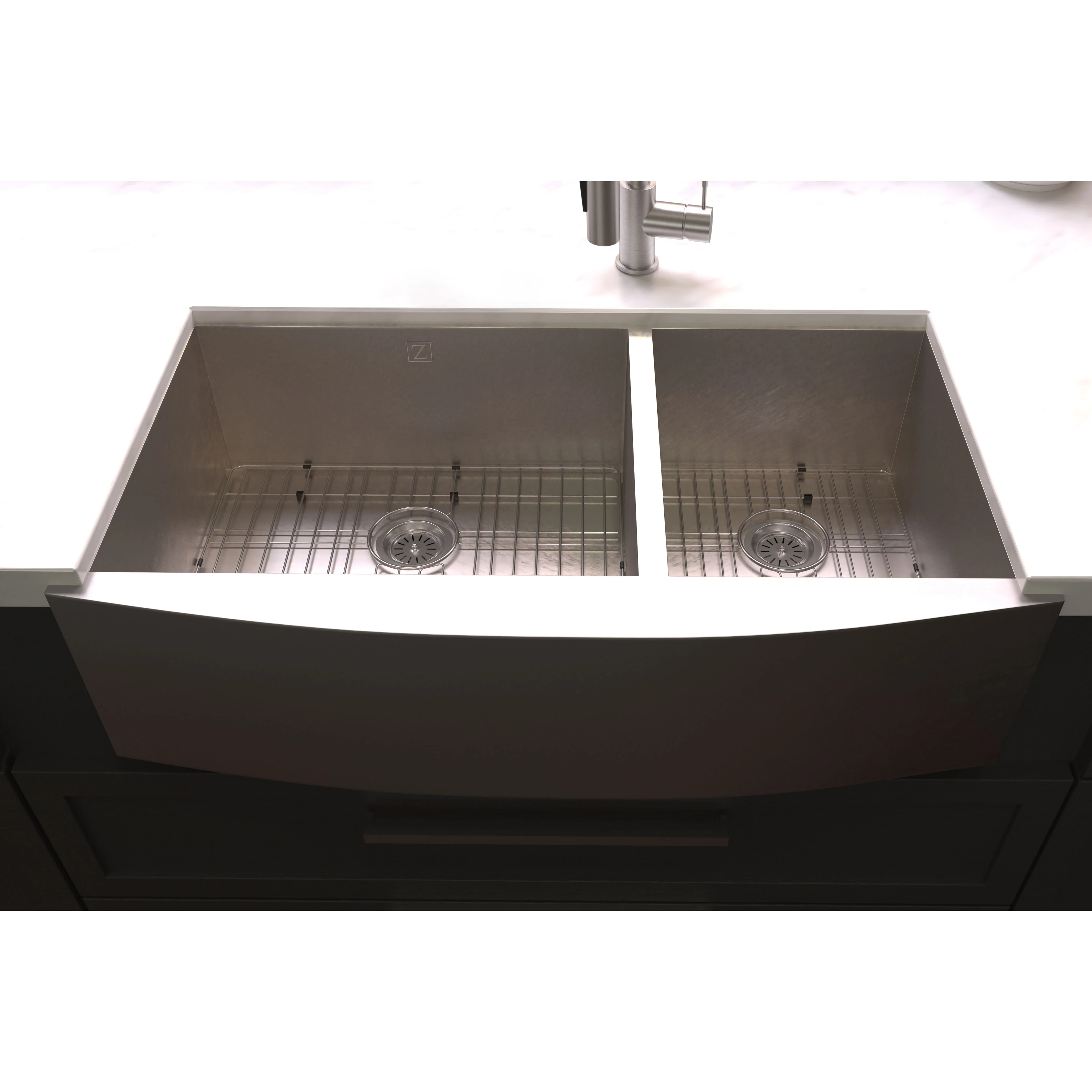 ZLINE 36 in. Courchevel Farmhouse Apron Mount Double Bowl Satin Stainless Steel Kitchen Sink with Bottom Grid (SA60D-36S) - Image 10