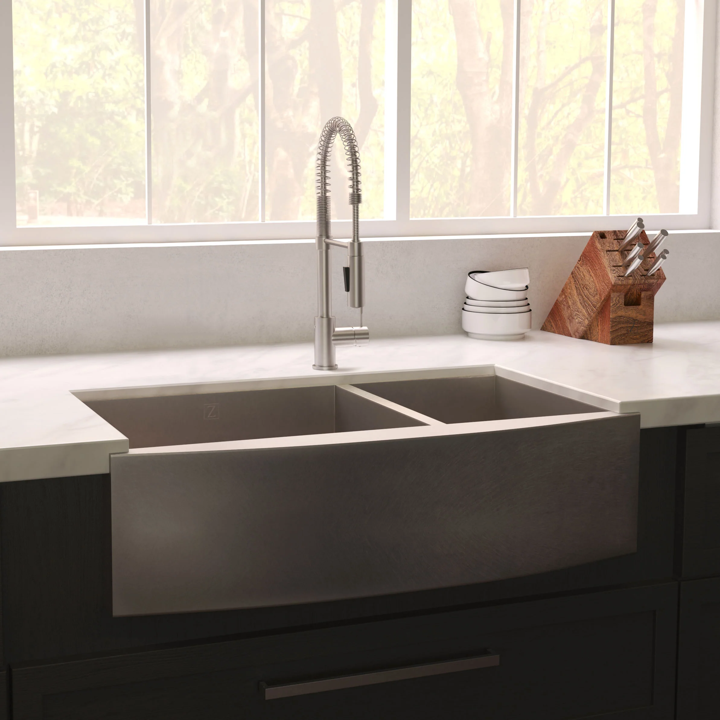 ZLINE 36 in. Courchevel Farmhouse Apron Mount Double Bowl Satin Stainless Steel Kitchen Sink with Bottom Grid (SA60D-36S) - Image 2