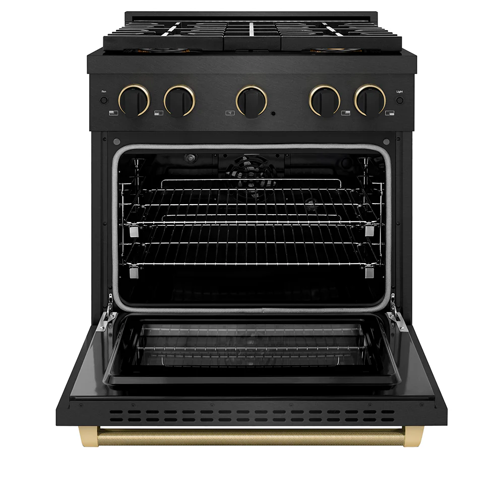 ZLINE Designer Collection 30 in. 4.2 cu. ft. Paramount Dual Fuel Range with 4 Burner DuoPro™ Cooktop and Electric Convection Oven in Black Satin Stainless Steel with Matte Black and Champagne Bronze Accents (PSDRBSZ-30-MBCB) - Image 4