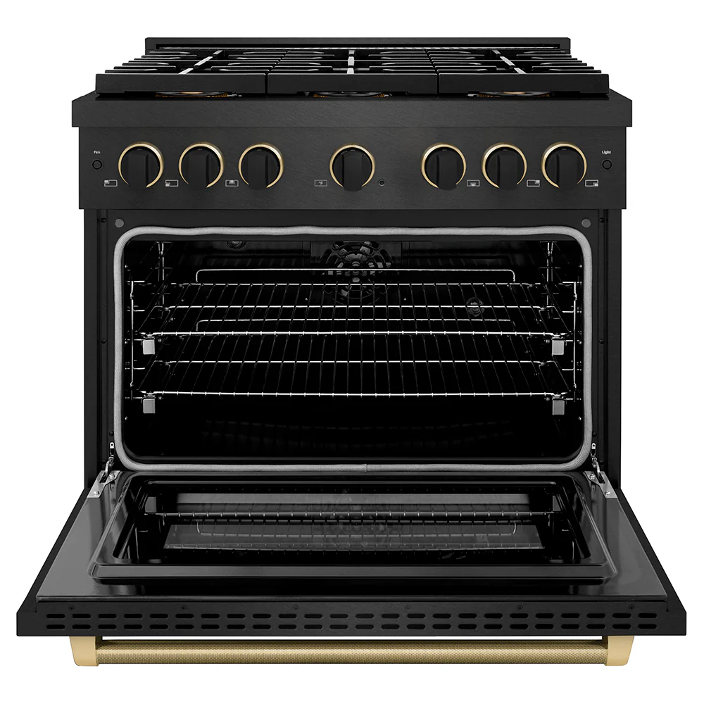 ZLINE Designer Collection 36 in. 5.2 cu. ft. Paramount Dual Fuel Range with 6 Burner DuoPro™ Cooktop and Electric Convection Oven in Black Satin Stainless Steel with Matte Black and Champagne Bronze Accents (PSDRBSZ-36-MBCB) - Image 3