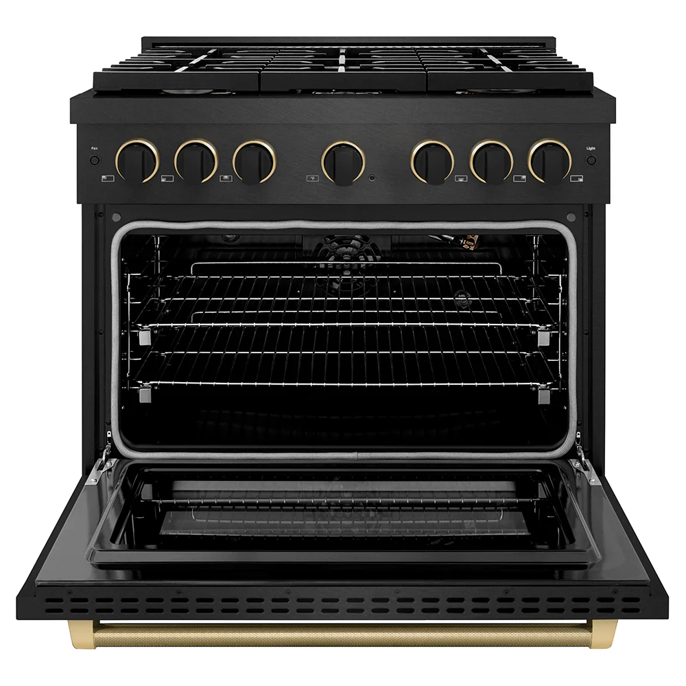 ZLINE Designer Collection 36 in. 5.2 cu. ft. Paramount Gas Range with 6 Burner Cooktop and Convection Gas Oven in Black Satin Stainless Steel with Matte Black and Champagne Bronze Accents (SGRBSZ-36-MBCB) - Image 2