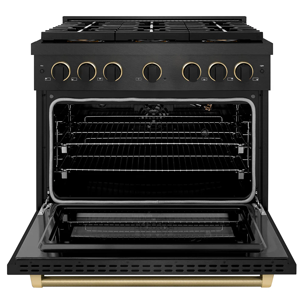 ZLINE Designer Collection 36 in. 5.2 cu. ft. Paramount Gas Range with 6 Burner DuoPro™ Cooktop and Convection Gas Oven in Black Satin Stainless Steel with Matte Black and Champagne Bronze Accents (PSGRBSZ-36-MBCB) - Image 3