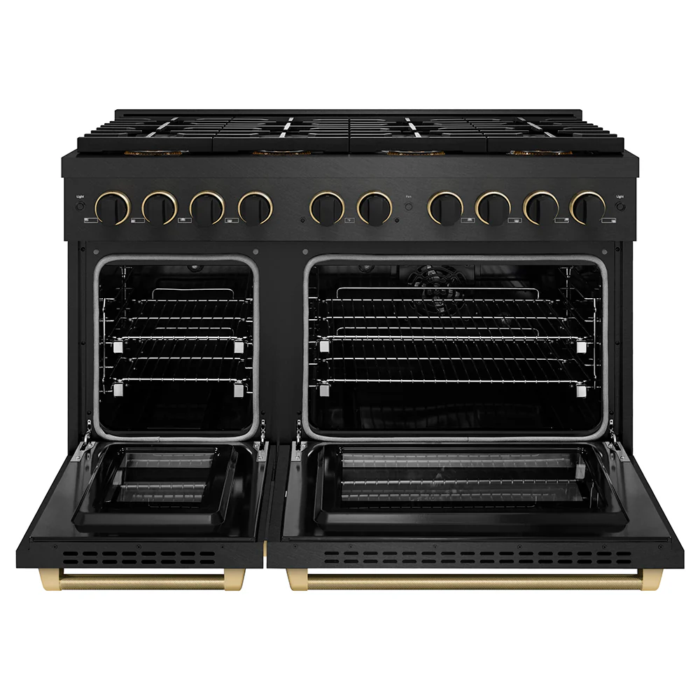 ZLINE Designer Collection 48 in. 6.7 cu. ft. Paramount Dual Fuel Range with 8 Burner DuoPro™ Cooktop and Dual Ovens in Black Satin Stainless Steel with Matte Black and Champagne Bronze Accents (PSDRBSZ-48-MBCB) - Image 4