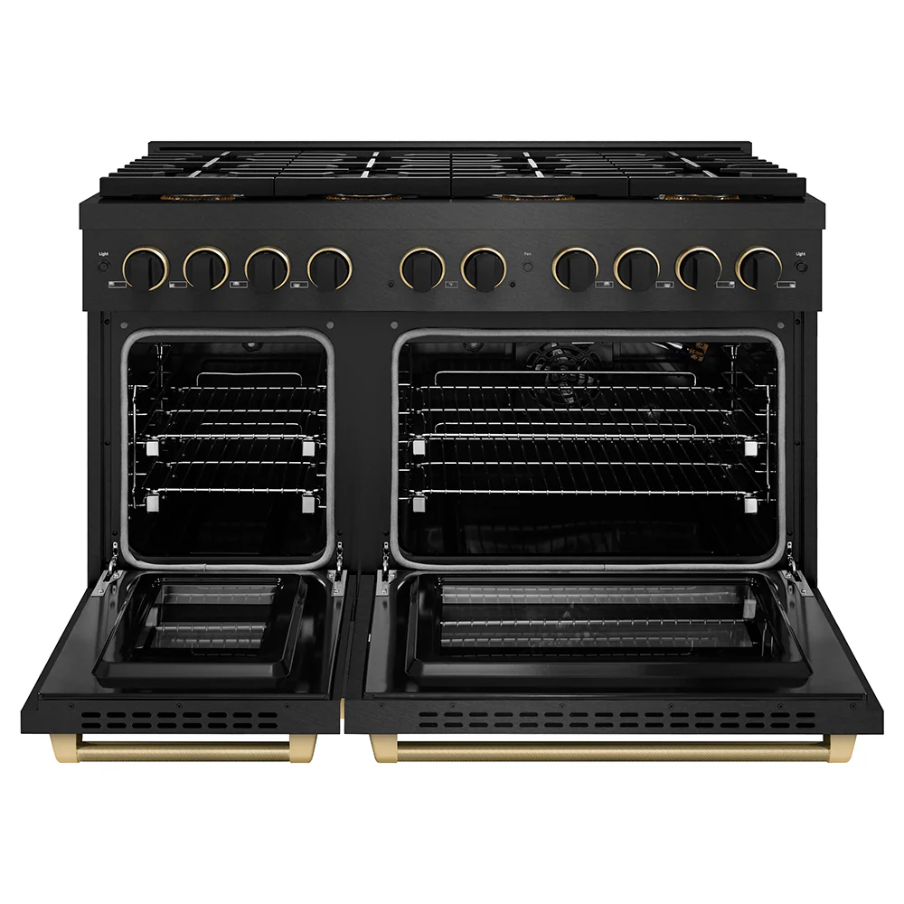 ZLINE Designer Collection 48 in. 6.7 cu. ft. Paramount Gas Range with 8 Burner DuoPro™ Cooktop and Dual Ovens in Black Satin Stainless Steel with Matte Black and Champagne Bronze Accents (PSGRBSZ-48-MBCB) - Image 4