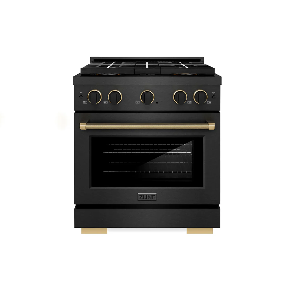 ZLINE Designer Collection 30 in. 4.2 cu. ft. Paramount Dual Fuel Range with 4 Burner DuoPro™ Cooktop and Electric Convection Oven in Black Satin Stainless Steel with Matte Black and Champagne Bronze Accents, Open Box-Great Condition - Image 4