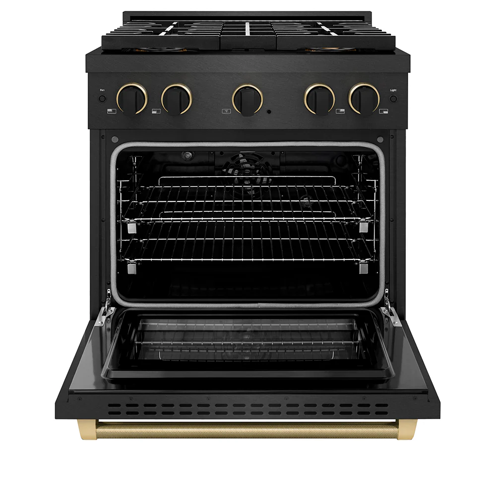 ZLINE Designer Collection 30 in. 4.2 cu. ft. Paramount Dual Fuel Range with 4 Burner DuoPro™ Cooktop and Electric Convection Oven in Black Satin Stainless Steel with Matte Black and Champagne Bronze Accents, Open Box-Great Condition - Image 5