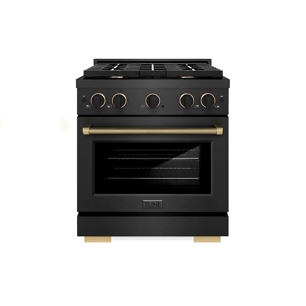 ZLINE Designer Collection 30 in. 4.2 cu. ft. Paramount Dual Fuel Range with 4 Burner Gas Cooktop and Electric Convection Oven in Black Satin Stainless Steel with Matte Black and Champagne Bronze Accents, Open Box-Great Condition