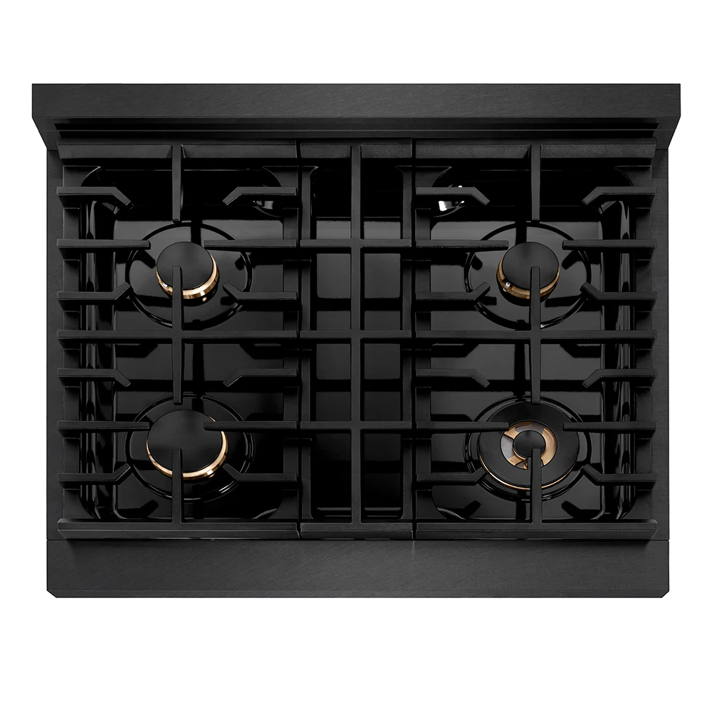ZLINE Designer Collection 30 in. 4.2 cu. ft. Paramount Gas Range with 4 Burner Cooktop and Convection Gas Oven in Black Satin Stainless Steel with Matte Black and Champagne Bronze Accents, Open Box-Great Condition - Image 3