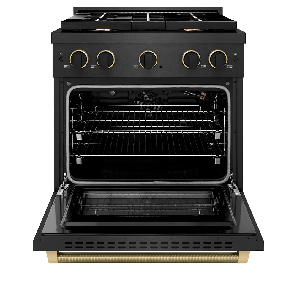 ZLINE Designer Collection 30 in. 4.2 cu. ft. Paramount Gas Range with 4 Burner Cooktop and Convection Gas Oven in Black Satin Stainless Steel with Matte Black and Champagne Bronze Accents, Open Box-Great Condition - Image 4