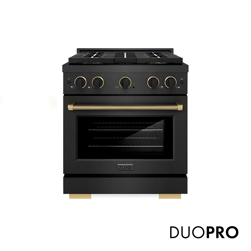 ZLINE Designer Collection 30 in. 4.2 cu. ft. Paramount Gas Range with 4 Burner DuoPro™ Cooktop and Convection Gas Oven in Black Satin Stainless Steel with Matte Black and Champagne Bronze Accents, Open Box-Great Condition