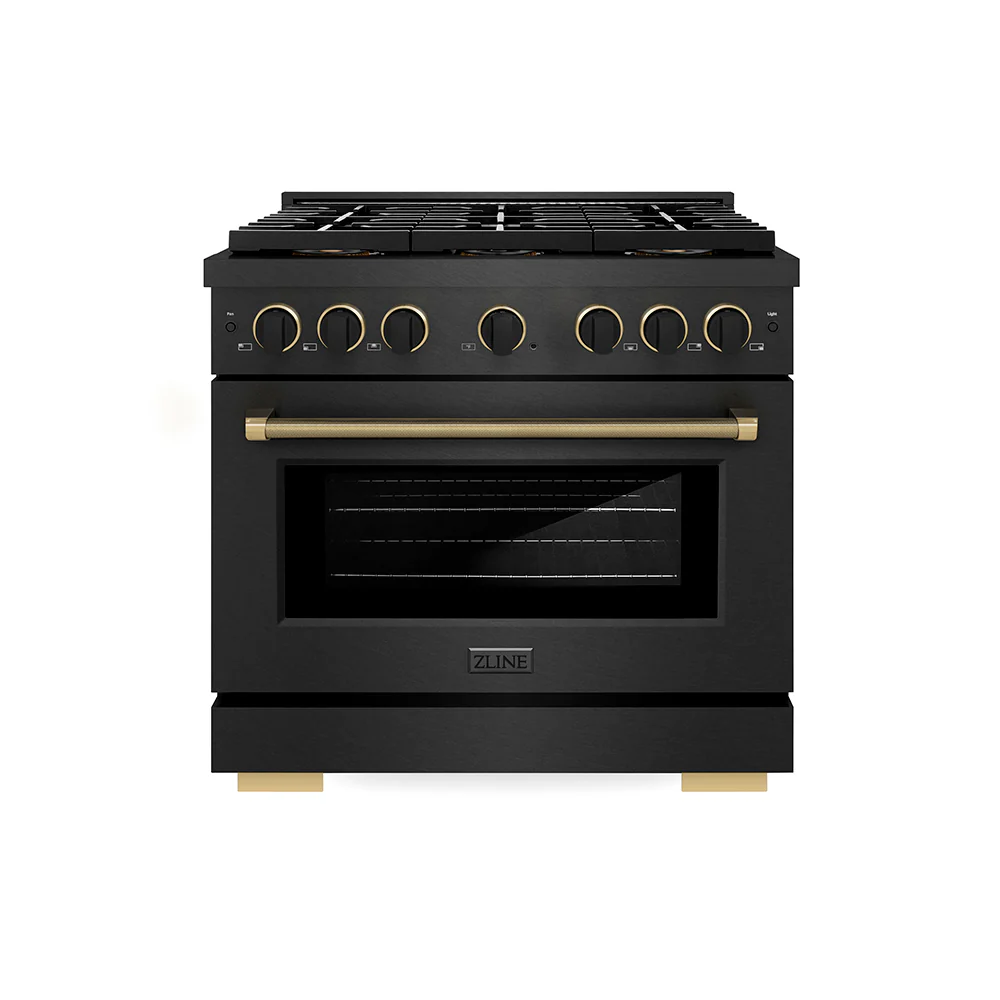 ZLINE Designer Collection 36 in. 5.2 cu. ft. Paramount Dual Fuel Range with 6 Burner DuoPro™ Cooktop and Electric Convection Oven in Black Satin Stainless Steel with Matte Black and Champagne Bronze Accents, Open Box-Great Condition - Image 4
