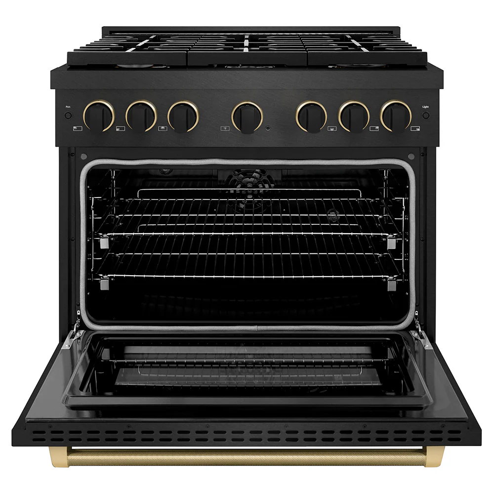 ZLINE Designer Collection 36 in. 5.2 cu. ft. Paramount Dual Fuel Range with 6 Burner Gas Cooktop and Electric Convection Oven in Black Satin Stainless Steel with Matte Black and Champagne Bronze Accents, Open Box-Great Condition - Image 4