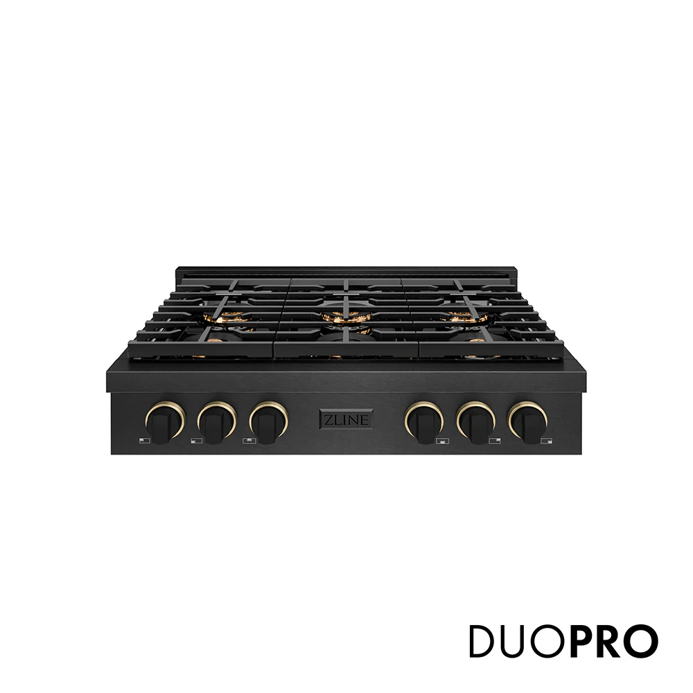 ZLINE Designer Collection 36 in. Paramount Gas Rangetop with 6 Burner DuoPro™ Cooktop in Black Satin Stainless Steel with Matte Black and Champagne Bronze Accents, Open Box-Great Condition