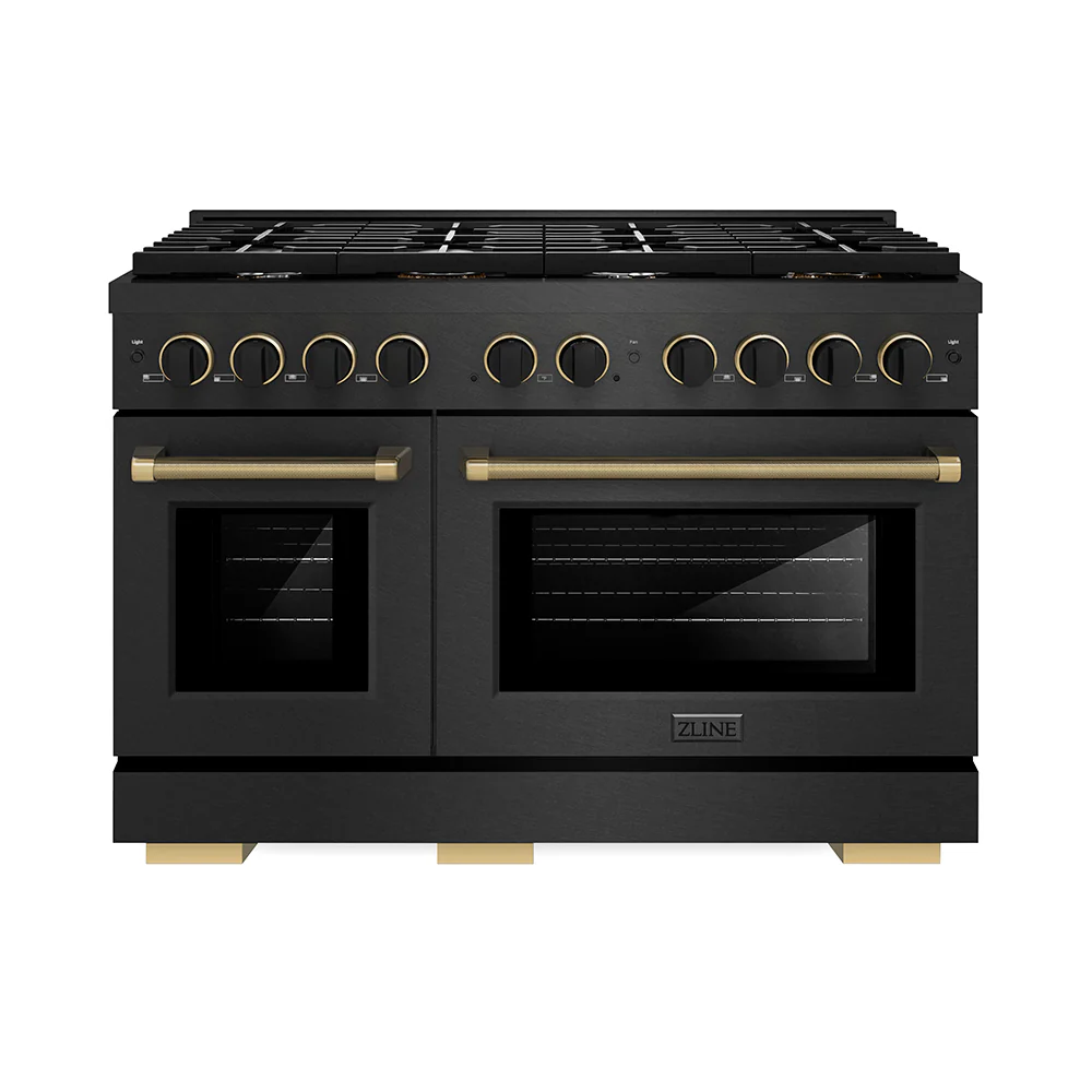 ZLINE Designer Collection 48 in. 6.7 cu. ft. Paramount Double Oven Dual Fuel Range with 8 Burner Gas Cooktop in Black Satin Stainless Steel with Matte Black and Champagne Bronze Accents, Open Box-Great Condition
