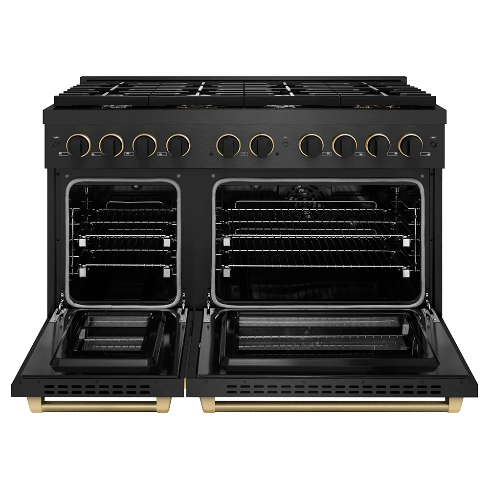 ZLINE Designer Collection 48 in. 6.7 cu. ft. Paramount Double Oven Dual Fuel Range with 8 Burner Gas Cooktop in Black Satin Stainless Steel with Matte Black and Champagne Bronze Accents, Open Box-Great Condition - Image 4