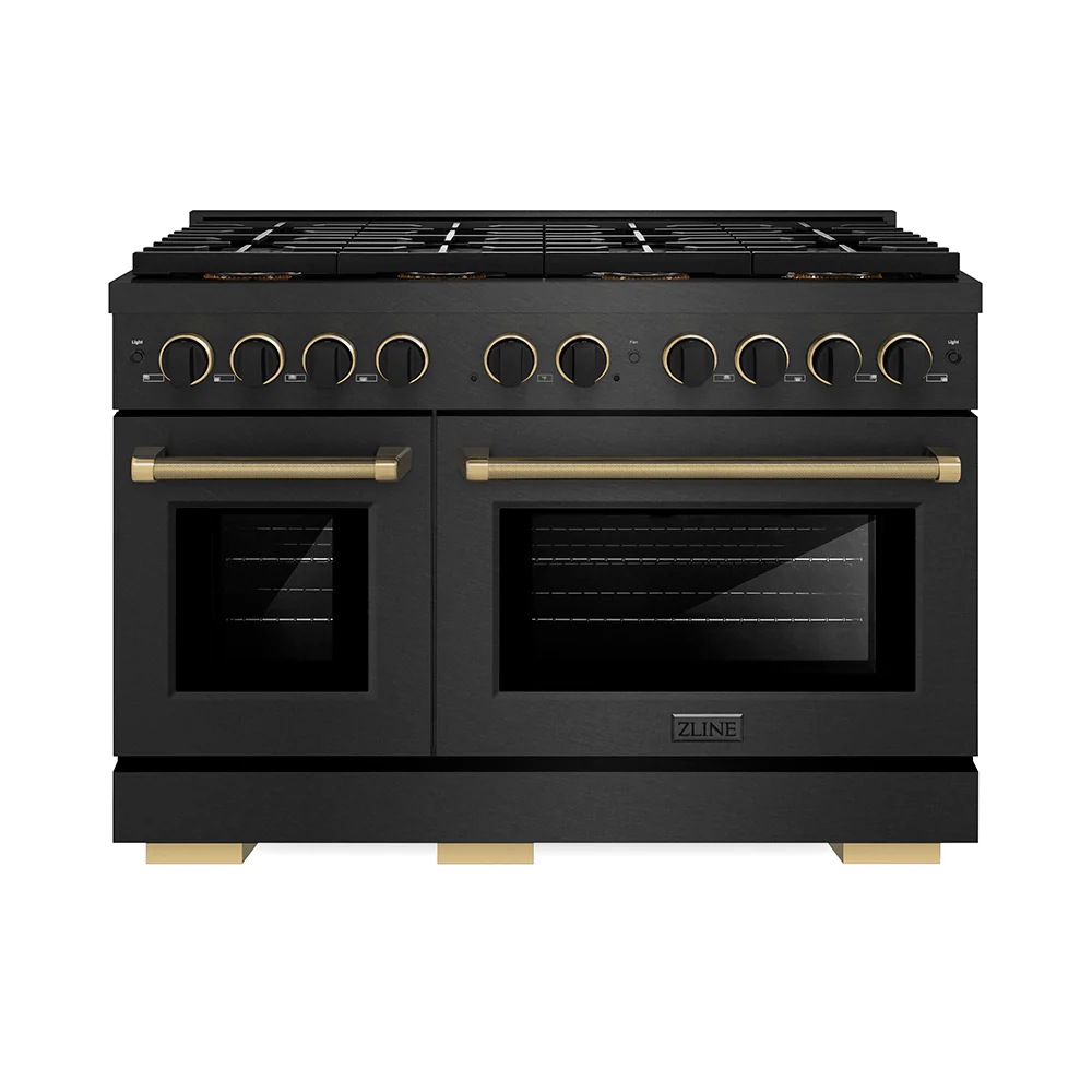 ZLINE Designer Collection 48 in. 6.7 cu. ft. Paramount Dual Fuel Range with 8 Burner DuoPro™ Cooktop and Dual Ovens in Black Satin Stainless Steel with Matte Black and Champagne Bronze Accents, Open Box-Great Condition - Image 4