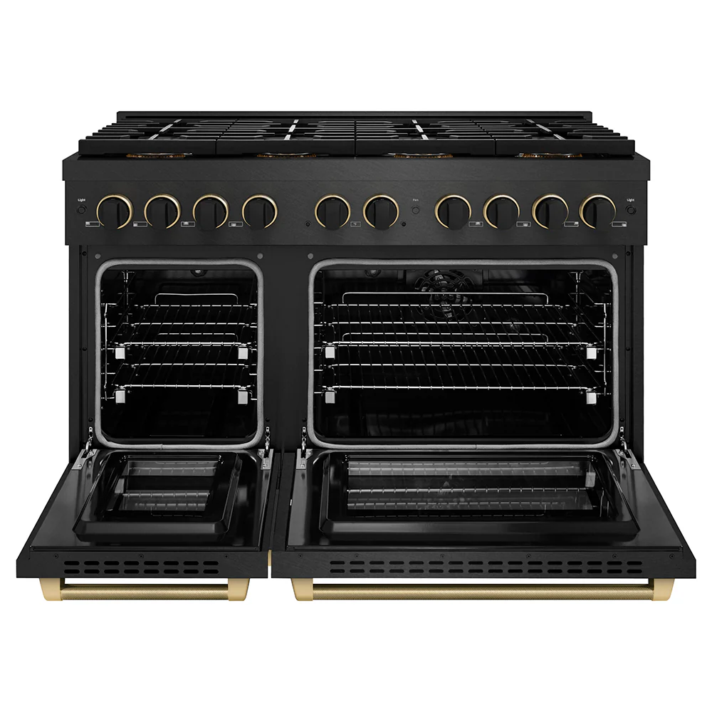 ZLINE Designer Collection 48 in. 6.7 cu. ft. Paramount Dual Fuel Range with 8 Burner DuoPro™ Cooktop and Dual Ovens in Black Satin Stainless Steel with Matte Black and Champagne Bronze Accents, Open Box-Great Condition - Image 5