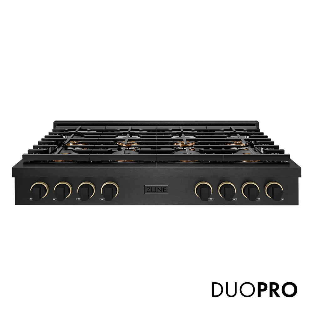 ZLINE Designer Collection 48 in. Paramount Gas Rangetop with 8 Burner DuoPro™ Cooktop in Black Satin Stainless Steel with Matte Black and Champagne Bronze Accents, Open Box-Great Condition