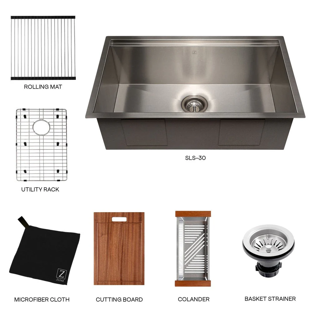 ZLINE 30 in. Garmisch Undermount Single Bowl Satin Stainless Steel Kitchen Sink with Bottom Grid and Accessories (SLS-30S) - Image 9