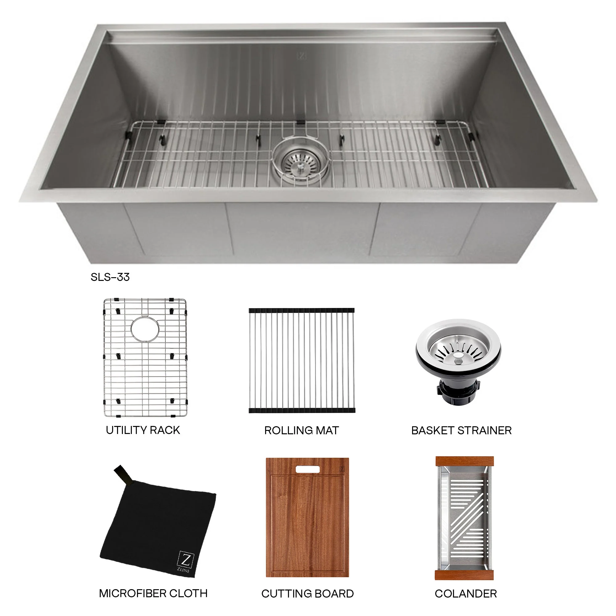 ZLINE 33 in. Garmisch Undermount Single Bowl Stainless Steel Kitchen Sink with Bottom Grid and Accessories (SLS-33) - Image 23