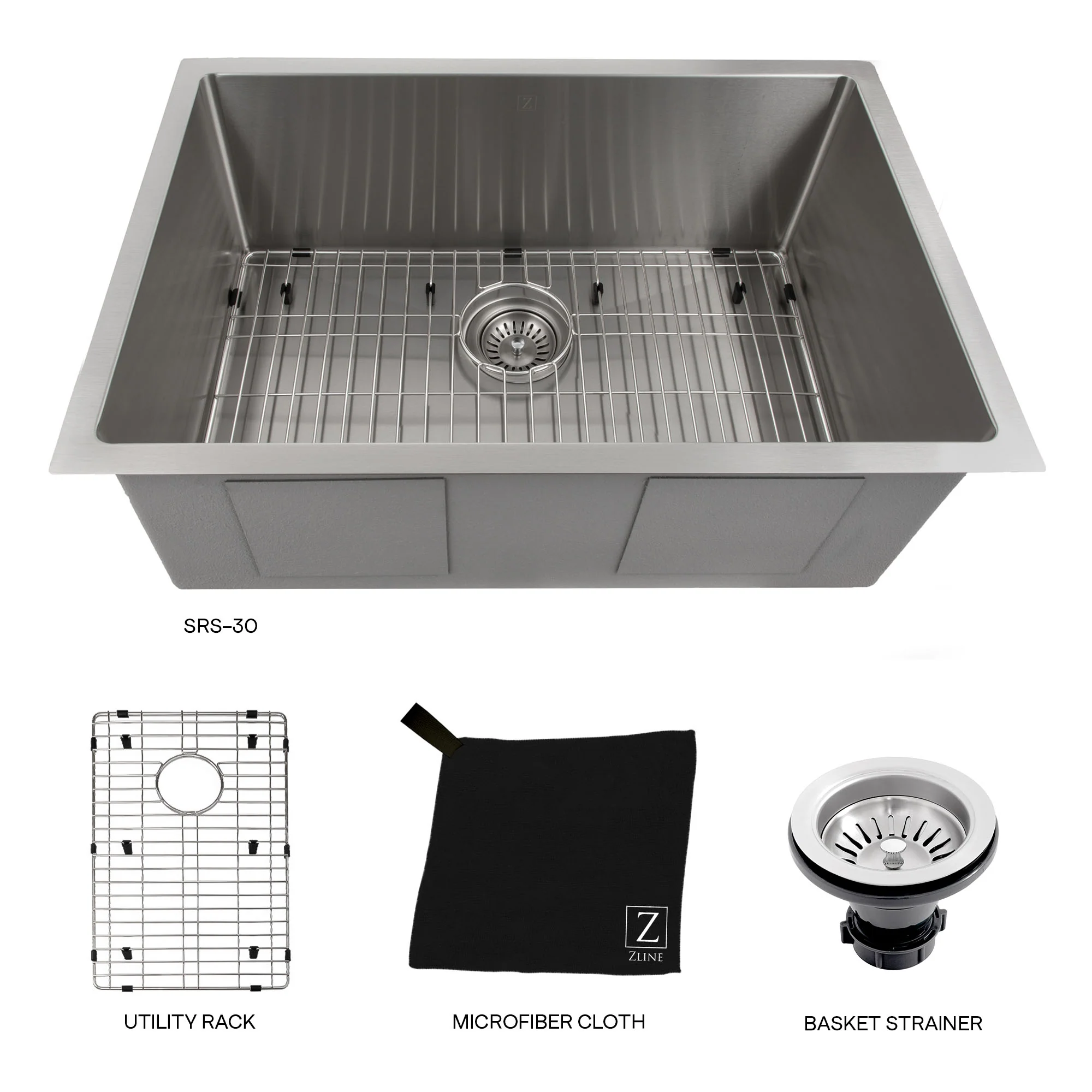 ZLINE 30 in. Meribel Undermount Single Bowl Stainless Steel Kitchen Sink with Bottom Grid (SRS-30) - Image 7