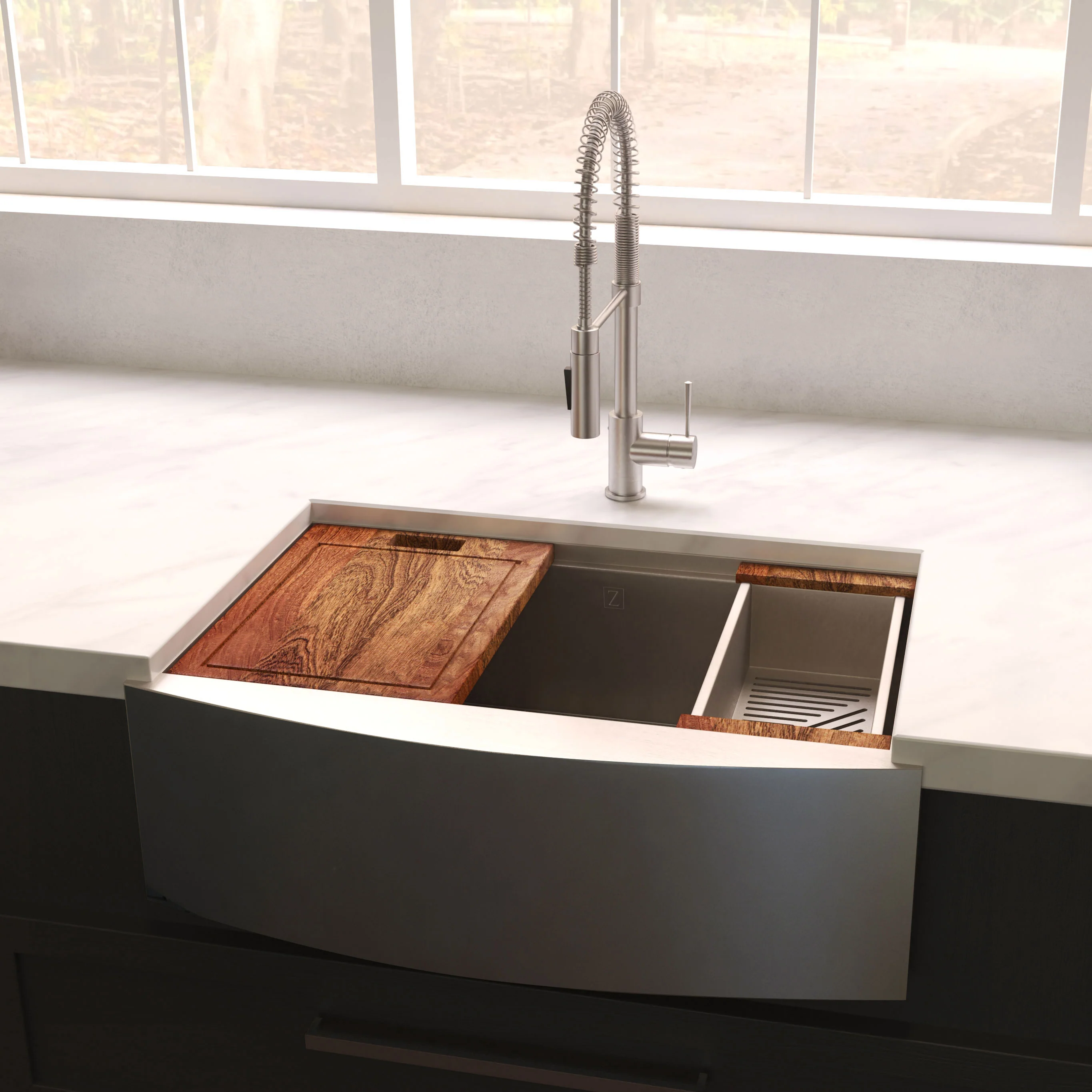 ZLINE 33 in. Moritz Farmhouse Apron Mount Single Bowl Stainless Steel Kitchen Sink with Bottom Grid and Accessories (SLSAP-33) - Image 14