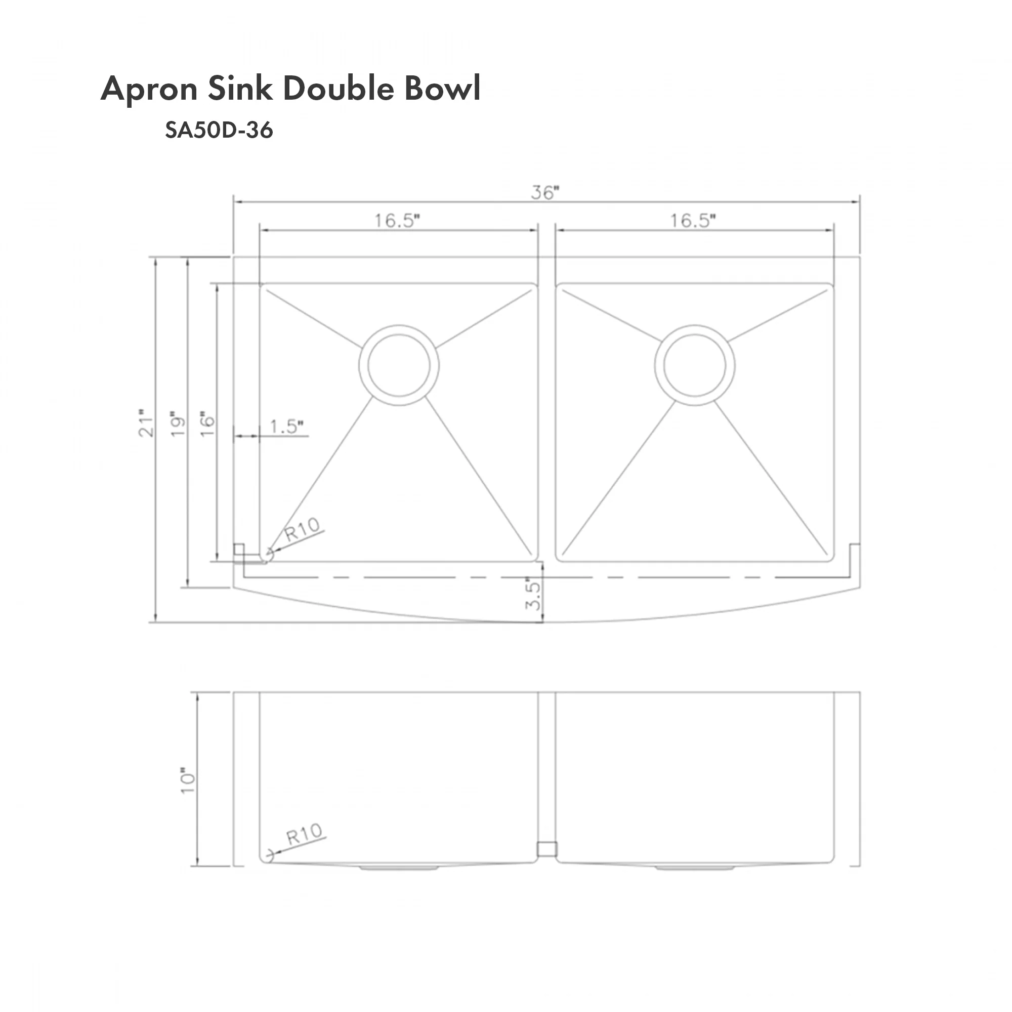 ZLINE 36 in. Niseko Farmhouse Apron Mount Double Bowl Stainless Steel Kitchen Sink with Bottom Grid (SA50D-36) - Image 9
